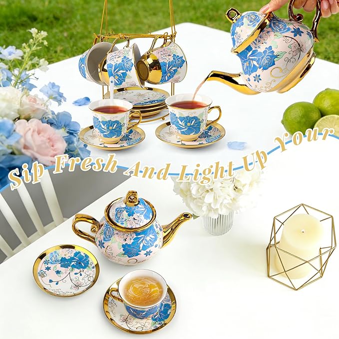 ALIMOTA 20 Pcs Porcelain Tea Set with Metal Holder and Spoon, European Ceramic Tea Set for Adults, European Flower Painting Teapot Cup Saucer Spoon Set for 6, Gift Pack (Blue and Pink)