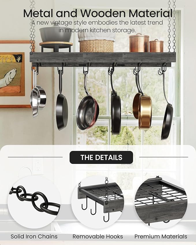 CHOEZON Hanging Pot Rack, 35.4" L x 13" W Ceiling Pot Hanger, Industrial Style Pot Rack, Wall Mounted Pot Hanger for Kitchen, Pot and Pan Hanging Rack, with Hooks, Charcoal Black and Black TPR12BCC1