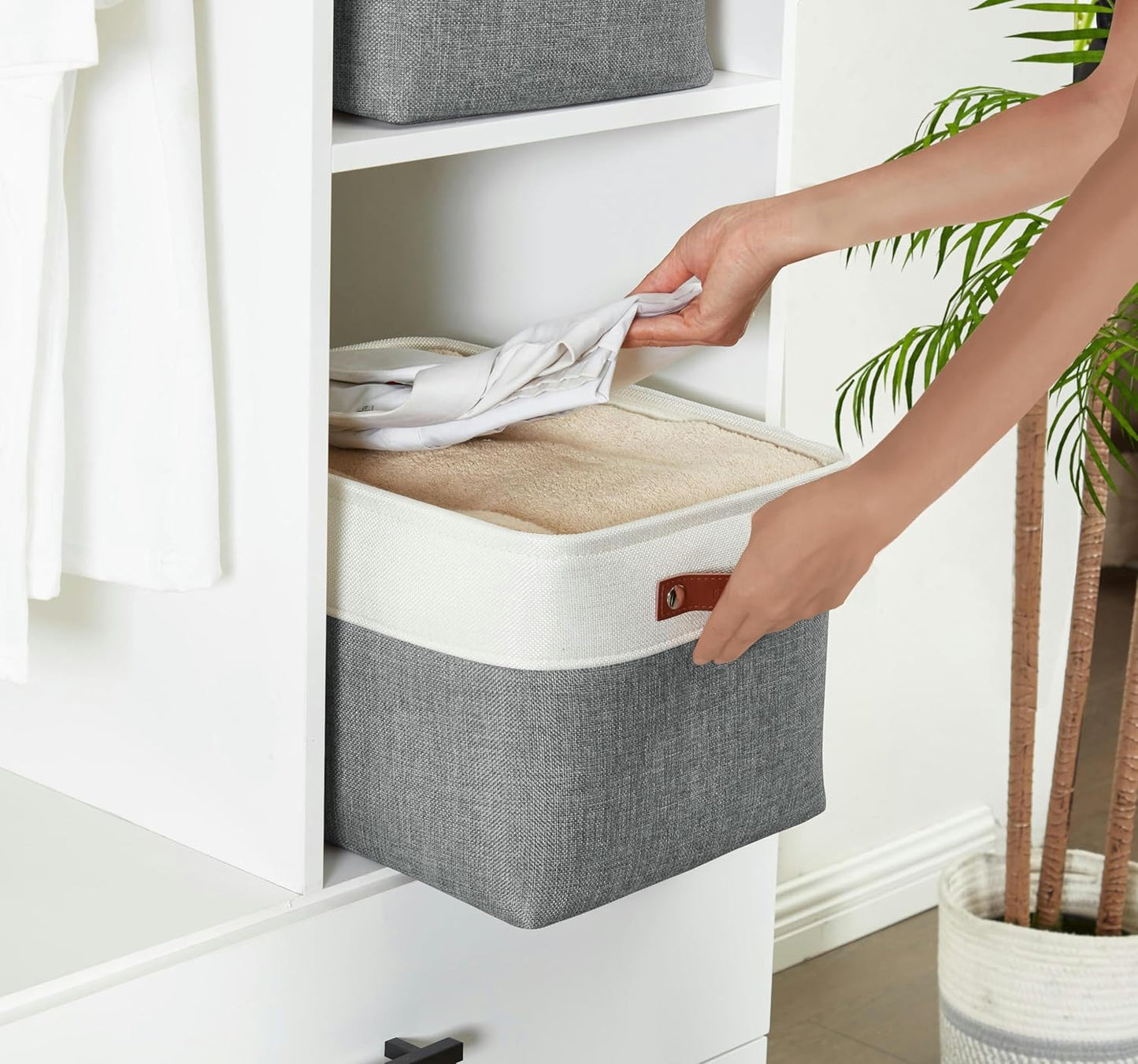 DECOMOMO Storage Baskets for Shelves - Fabric Storage Bins, Linen Closet Organizers and Storage (Slate Grey & White, Large - 4 Pack)