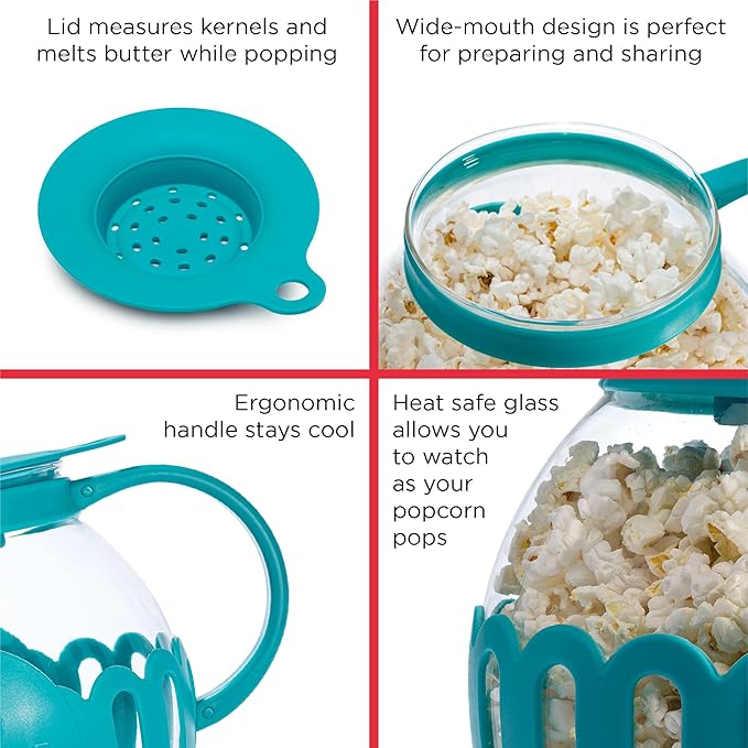 Ecolution Patented Micro-Pop Microwave Popcorn Popper with Temperature Safe Glass, 3-in-1 Lid Measures Kernels and Melts Butter, Made Without BPA, Dishwasher Safe, 3-Quart, Teal