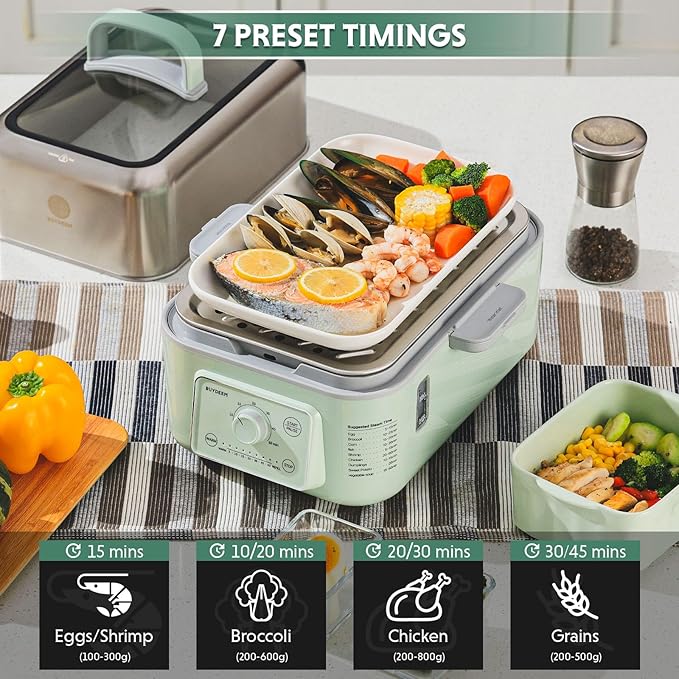 BUYDEEM G52 10.6 Quart 2-Tier Electric Food Steamer for 4-8 Servings, Vegetable Steamer for Cooking, 2-hour Keep Warm, 7 Preset Timings, Dual Boil-Dry Protection, Stainless Steel, Cozy Greenish