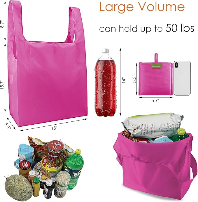 BeeGreen Cerise Reusable Grocery Bags Wholesale Reusable Kitchen Bags Bulk Foldable-Machine Washable with Zipper Storage Pouch 50 Packs