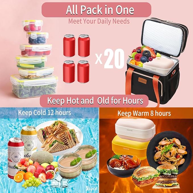 Expandable Insulated Lunch Box for Women Men, Double Deck Large Lunch Bag Tote Leakproof Lunch Cooler with Shoulder Strap for Adults Work Shift Outdoor Picnic Daytrip, (Black, 16L),GLENKEY