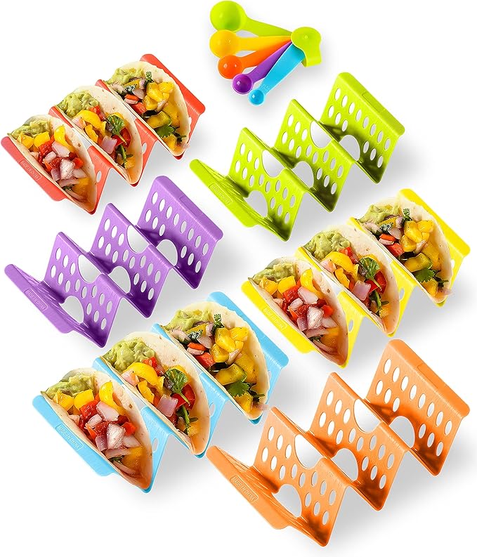 Premium Taco Holder Stand, Colorful Large Taco Holders Set of 6 or 4, Taco Stands for 3 Tacos for Soft/Hard Shells, Street Taco Rack with Plates & Tray, Dishwasher & Microwave Safe