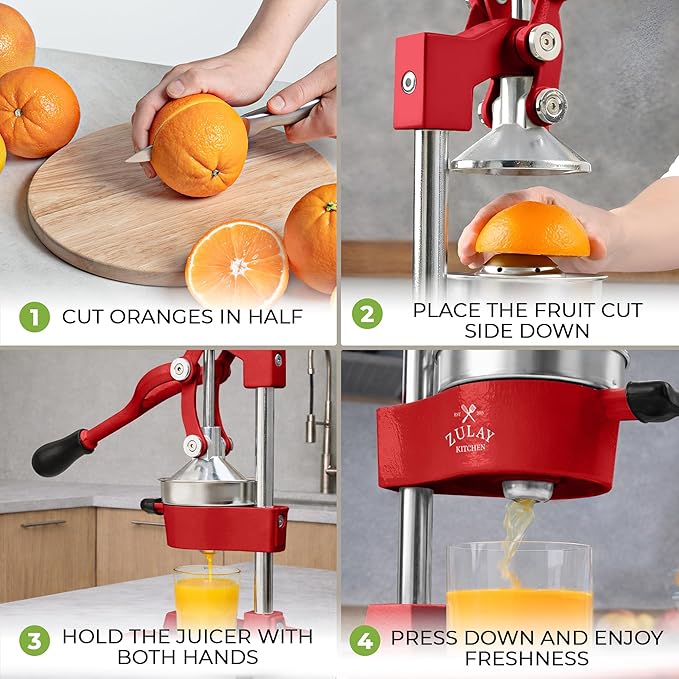 Zulay Kitchen Cast Iron Juicer - Heavy Duty Manual Juicer with Detachable Strainers for Easy Cleaning, Orange Juice Press for Citrus Fruits, Perfect for Bartenders, Juice Lovers & Health Enthusiasts