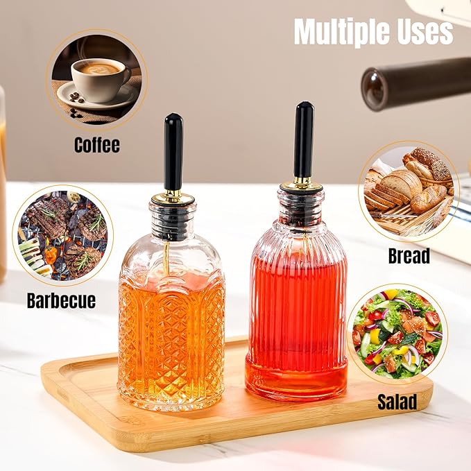 2pcs Glass Coffee Syrup Dispenser Bottles 7 OZ, Simple Syrup Bottles with Metal Pour Spout, Syrup Dispenser for Coffee Bar Accessories for Maple Honey Syrup Oil and Sauces