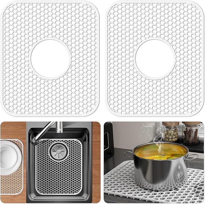 Bestjing 2 Pack Silicone Sink Protectors for Kitchen Sink with Center Drain, 13.58''x 11.6'' Non-Slip Heat Resistant Mat Grid for Bottom of Stainless Steel Porcelain, Dishwasher Safe (White)