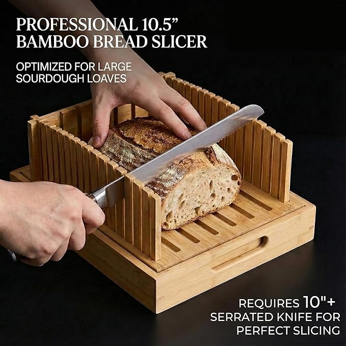 10.5" Bread Slicer for Sourdough - Bamboo Homemade Bread Cutter Guide with Crumb Tray