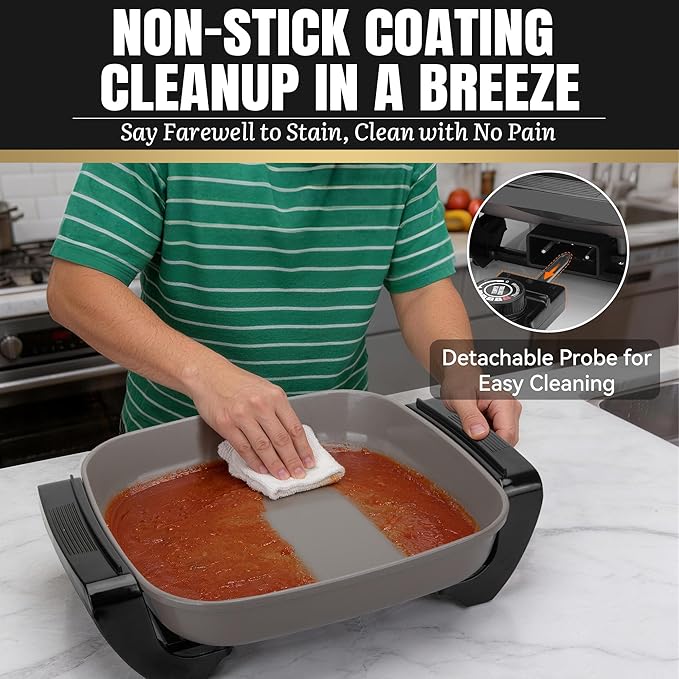 FineMade 12-inch Family Size Electric Skillet with Lid, Ceramic Skillet Electric, Square Skillet, Non Stick Electric Skillet Griddle Pan, PFAS-Free Temperature Control, 1500W, 6 QT, Gray