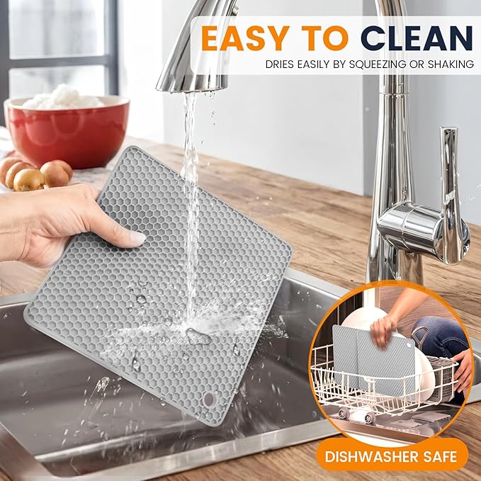 Silicone Trivet Mats 4 Heat Resistant Pot Holders Multipurpose Non-Slip Hot Pads for Kitchen Potholders, Drying mat, Jar Opener, Spoon Holder, Coaster.(Light Grey)