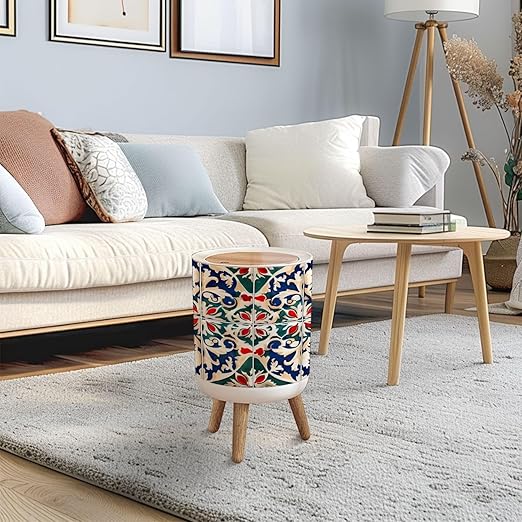 Trash Can with Lid Gorgeous seamless pattern white colorful Moroccan Portuguese tiles Press Top Round Small Garbage Bin with Wooden Legs Waste Basket for Kitchen Bedroom Nursery 7L/1.8 Gallon