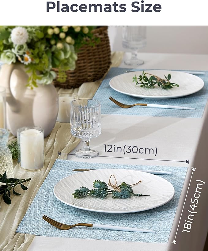 Leetaltree Soft Sky Blue Woven Placemats Set of 6 - Heat Resistant Non-Slip Place mats for Dining Table, Washable Durable PVC Vinyl Woven Table Mats(Sky Blue, 6)