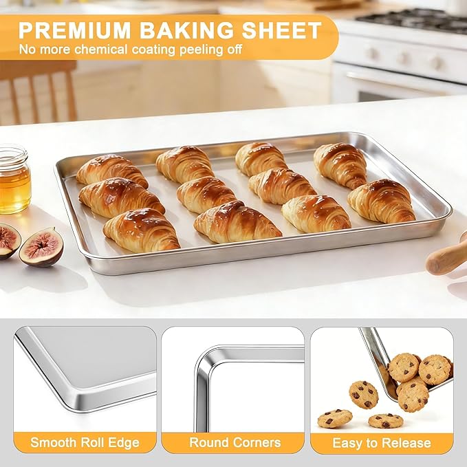 Onader Large Baking Sheet, 18 x 13 Inch Stainless Steel Half Sheet Baking Pans for Oven, Commercial Metal Cookie Pan Tray for Roasting Cooking, Mirror Finish & Dishwasher Safe, 2-Pack
