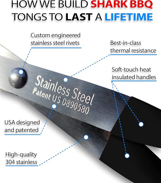 Shark BBQ Tongs for Steak, 17.5" Extra Long, Stainless Steel Grilling Tongs with Scissor Grip, Tong for Cooking, Kitchen & Outdoor Grill - Perfect Barbecue Tool & Gift for Grill Masters, Black