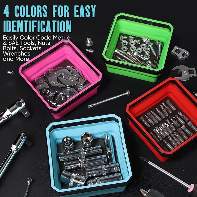 SHALL New Version Collapsible Magnetic Parts Tray Set, 4-Pack Magnetic Tool Trays for Screw Bolts Nuts Washers Pins & Small Metal Parts, 4.5” Square Silicone Foldable Bowls w/Dual-Sided Magnetic Base