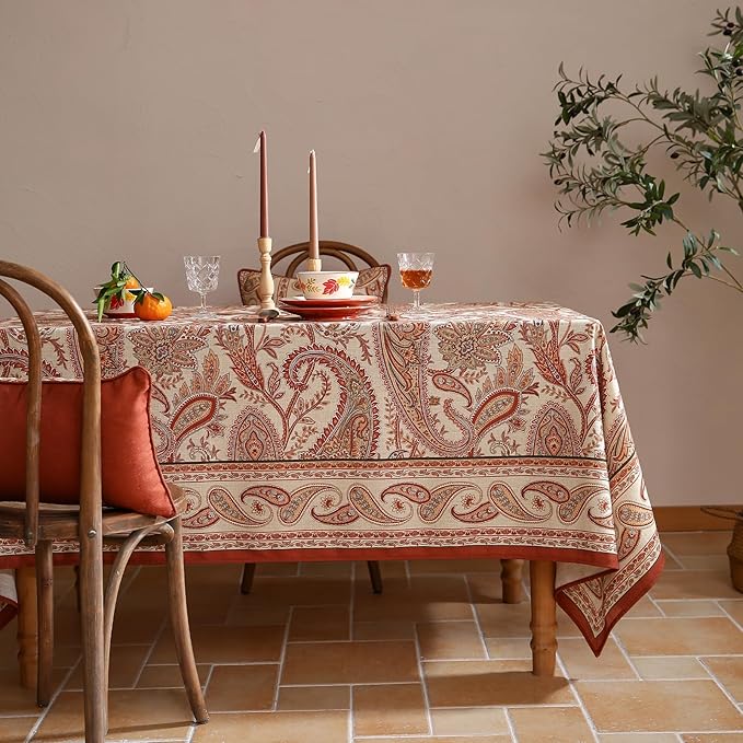 ISAENNE Designer French Red Small Rectangular Tablecloth,Linen Table Cloth with Cashew Pattern,Stain Proof Decor Tablecloths for Dining Thanksgiving Kitchen Christmas,55"*71"-Chauffrey D