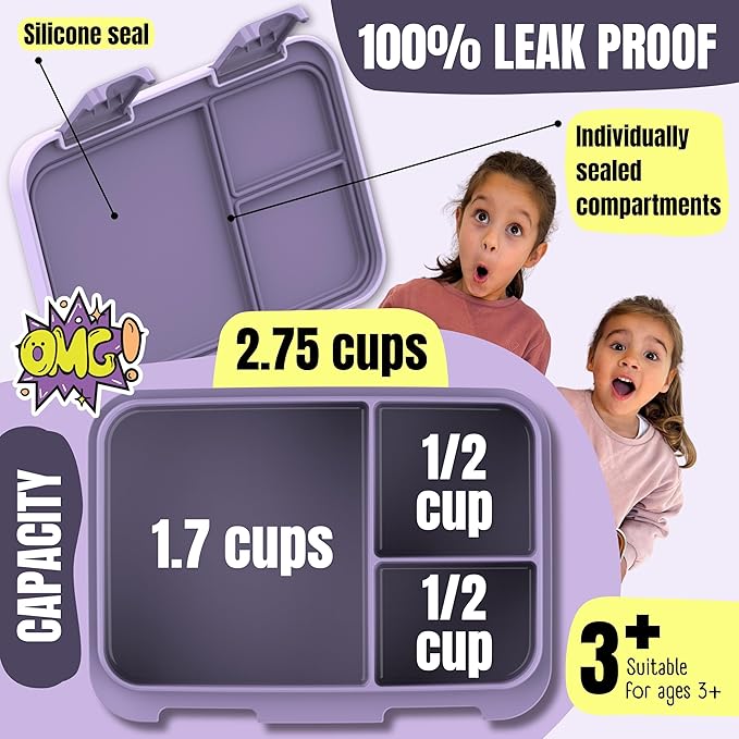 BEARFOOT Kids Lunch Box with Compartments – Compact & Lightweight | Leak-Proof, BPA-Free, Dishwasher & Microwave Safe | Hand-Drawn Design for Preschool, School, Travel (Llama Purple, 2.75 Cups)