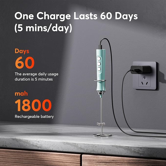 FoodVille MF02 Rechargeable Milk Frother Handheld Foam Maker with Stainless Whisk for Cappuccino, Latte, Bulletproof Coffee, Keto Diet, Protein Powder, Matcha (Turquoise Green)