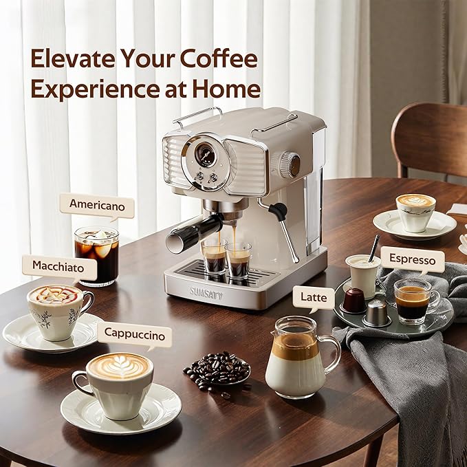 SUMSATY Espresso Machine 20 Bar, Professional Espresso Maker with Milk Frother Steamer Wand, Retro Coffee Maker Cappuccino & Latte Machine for Home, 1.8L Removable Water Tank, Off-white