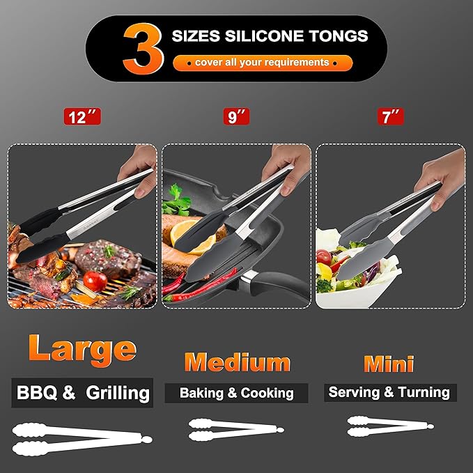 Anaeat Non-Stick Silicone Locking Tong Set of 3 - Stainless Steel 7, 9 and 12 inch Kitchen Food Tongs with Non-Slip Silicone Tips and Grip for Cooking, Baking and BBQ - Heavy Duty & Heat Resistant