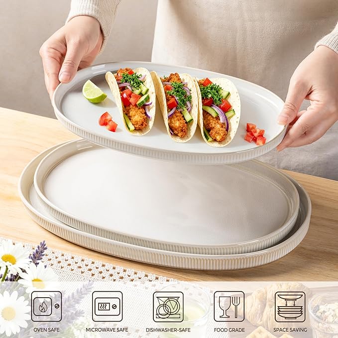 theterra Ceramic Serving Platter, 15.6"/14.4"/12.2" Oval Serving Dishes for Entertaining, Oven Safe, Microwave Safe, Serving Plates Set of 3 for Wedding, Party, Turkey, Reactive White