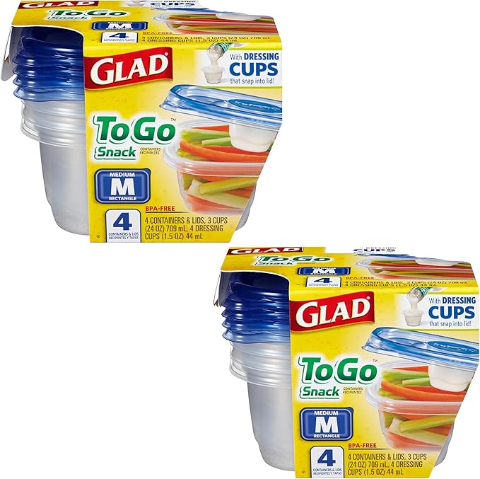 Glad GladWare To Go Snack Food Storage Containers with Lids, Medium Rectangle BPA Free Plastic with Built-In Dressing Cup for Salads and Snacks, Microwave Dishwasher Safe, 24 Oz, 4 Count - 2 Pack
