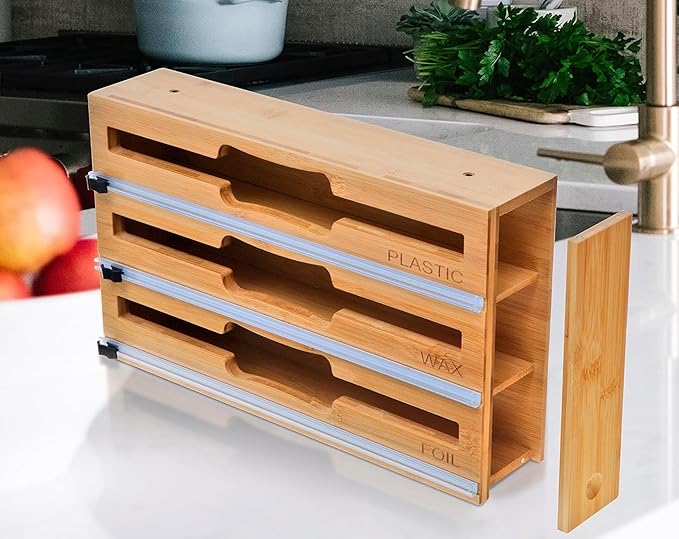 3 in 1 Wrap Organizer with Cutter and Labels, Plastic Wrap, Aluminum Foil and Wax Bamboo Dispenser for Kitchen Storage Organization Holder for 12" Roll (Natural)