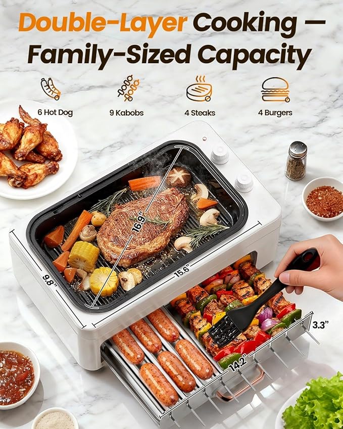 XHJ 4-in-1 Electric Indoor Grill Smokeless for Home,Countertop Electric Grill with Removable Sizzling Grill Pan & Grate + Auto Rotating Kabob Skewers + Electric Hot Dog Roller Dual Zone Cook with Lid