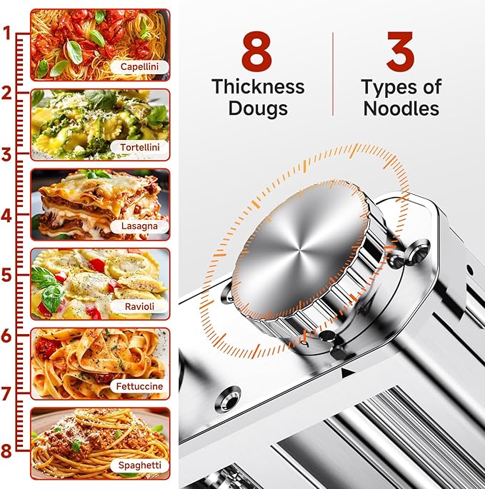 Pasta Maker Attachment for Kitchen Aid Stand Mixers, 304 Stainless Steel, Rust-Proof, 8 Thickness Settings, Easy to Clean, 3 in 1 Accessories for Homemade Spaghetti, Fettuccine, Lasagna