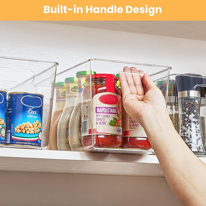 YIHONG 10 Pack Clear Pantry Organizer Bins, Plastic Containers with Handle for Kitchen,Freezer,Cabinet,Closet,Bathroom Under Sink Storage