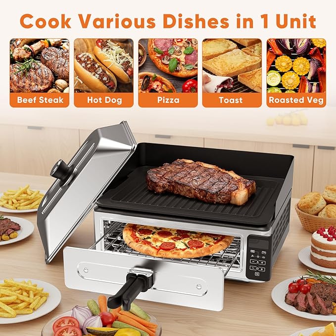 OLIXIS Electric Grill Indoor for Steak and Veggies, Smokeles Griddle with Lid for Kitchen Cooking, Countertop Oven Includes Temp Control/Grill Plate/Splash Guard/Crumb Tray, Black/Silver