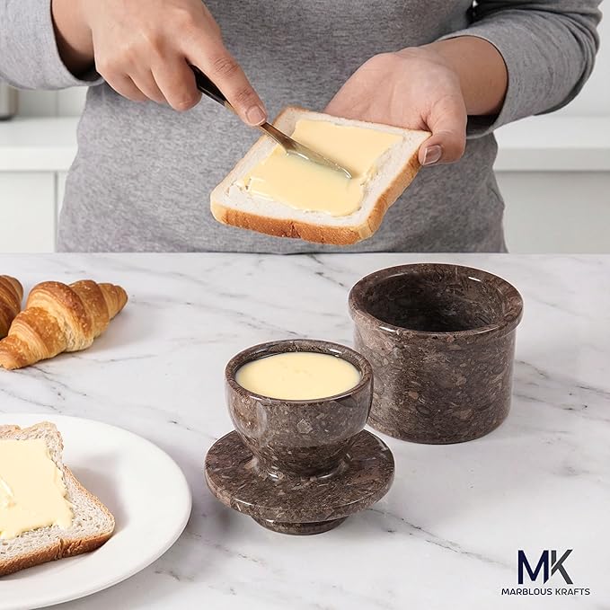 Marble Butter Keeper with Lid Oceanic 4.25 Inch, Handmade French Butter Crock with Water for Soft Butter Storage, Butter Dish for Kitchen Countertop, Butter Bell, Perfect Gift for Mother’s Day