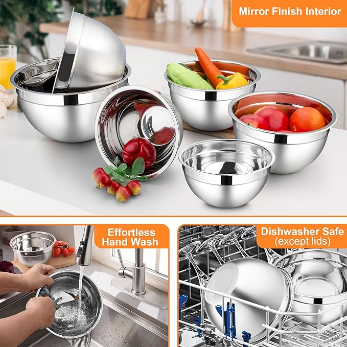 LIANYU Stainless Steel Mixing Bowl Set of 6, Metal Nesting Salad Bowl, Extra Large 7 & 3.5 & 2.5 & 2 & 1.5 & 1QT, Kitchen Bowls for Cooking, Storage, Serving, Dishwasher & Freezer Safe, Multi-Color