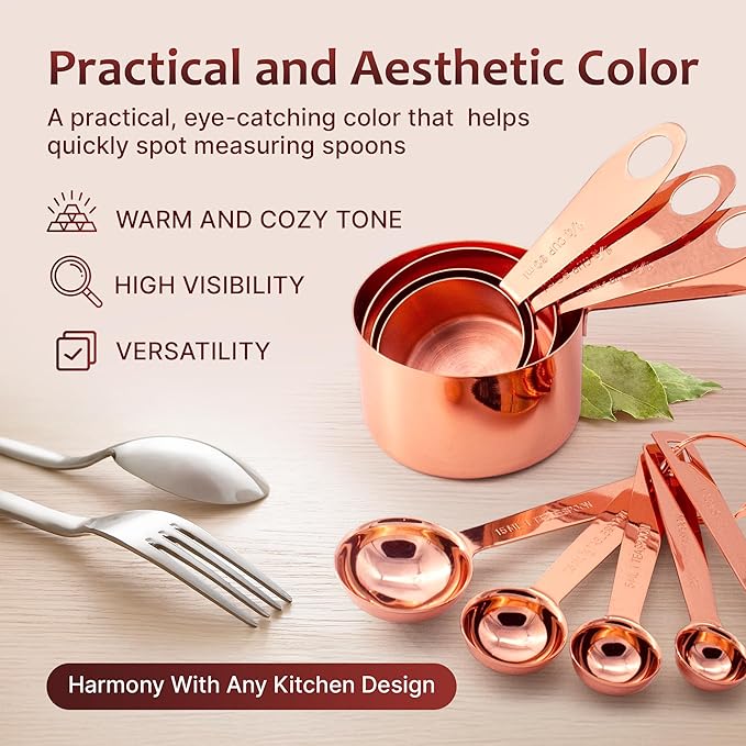 Measuring Cups and Spoons Set of 9, Utensils for Dry and Liquid Ingredients, Copper Kitchen Accessories, Rose Copper Decor for Home, Stackable, Sturdy Stainless Steel