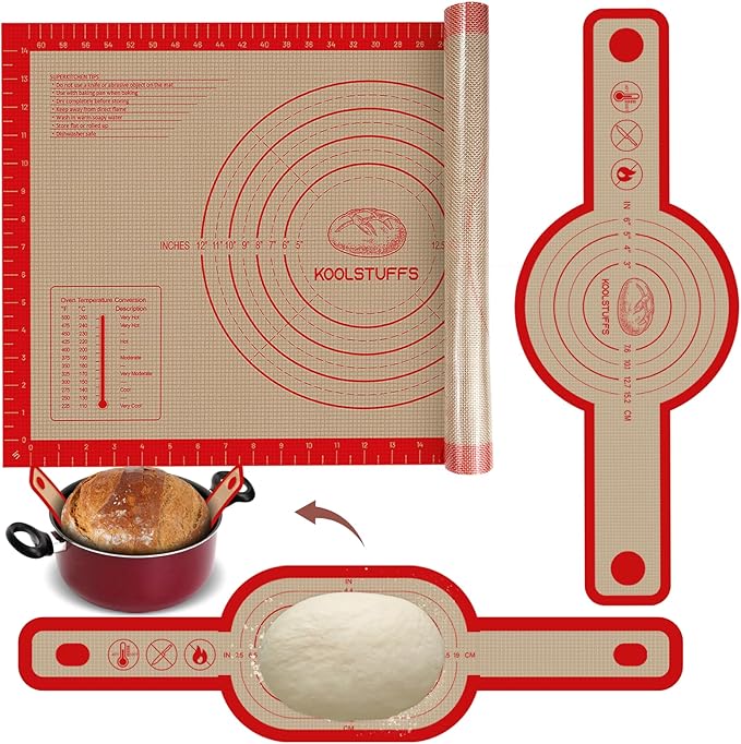 Silicone Bread Sling and Pastry Mat, 3 PCS Non-Stick & Easy Clean Reusable Silicone Bread Baking Mat with Long Handles, Easy to Transfer Sourdough Bread (Pastry Mat＆Oval and Round Bread Sling, Red)