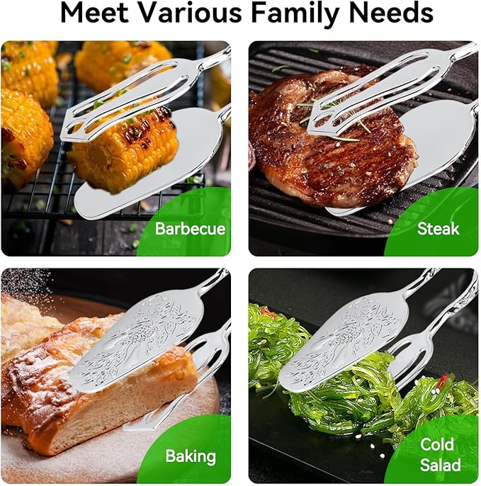 9in Vintage Salad Tong for Serving, Zinc Alloy Silver Food Serving Tongs Salad Steak Clip Buffet Tongs for Buffet Catering Bread BBQ, 8.5x4.5in