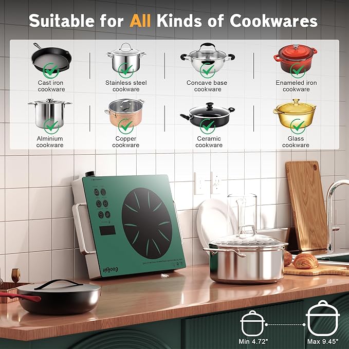 Single Burner Electric Cooktop - 110V 1800W Portable One Burner Hot Plate, Countertop Electric Stove top for Home, Camping, RV, Timer, Child Lock, Steam, BBQ, Stir Fry, 120V Plug in (Green)