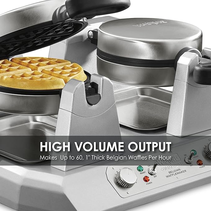 Waring Commercial Double Belgian Waffle Maker with Serviceable Plates, Duel Side by Side Rotating Cooking Non-Stick Surfaces, Heavy Duty Restaurant Foodservice, 50-60 Waffles an Hour, 208V, 2700W