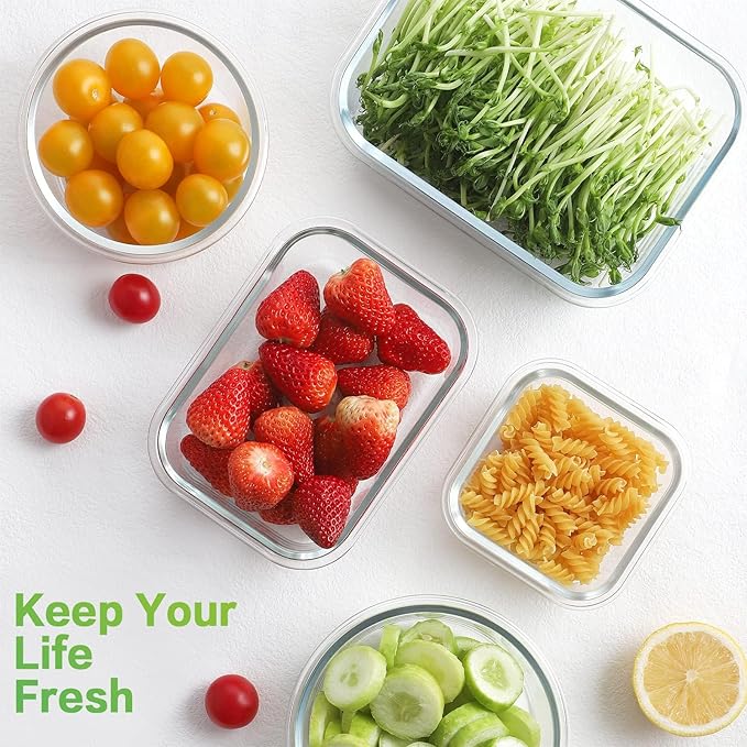 HOMBERKING 18 Piece Glass Food Storage Containers with Lids, Glass Meal Prep Containers, Airtight Lunch Bento Boxes, BPA-Free & Leak Proof, Oven, Freezer and Dishwasher Safe (9 lids & 9 Containers)
