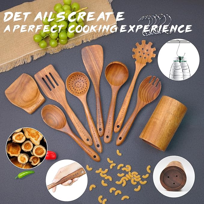 Teak Wooden Spoons for Cooking - 9 Pcs Comfort Grip Kitchen Utensil Set with Holder & Rest