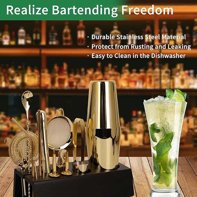 Cocktail Shaker Set Bartender Kit with Bamboo Stand, 15-Piece Stainless Steel Bar Set Accessories, Professional Bartending Kit Home Bar Tools Set with Recipes (Gold, Black Stand)