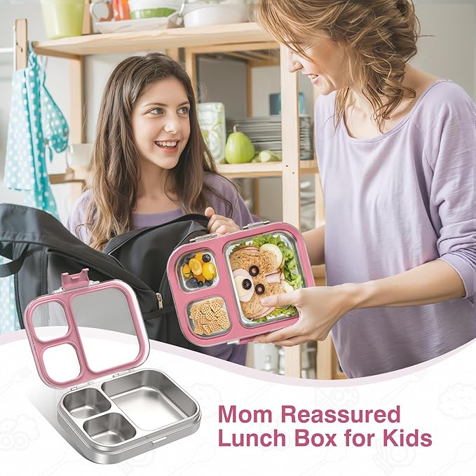 HOMEKOL Stainless Steel Bento Lunch Box, 3-Compartment Leak-Proof Lunch Container for Kids & Adults, BPA/BPS-Free 304 Metal Food Box, Dishwasher Safe, Clear Tritan Lid, Pink (Not Insulated)