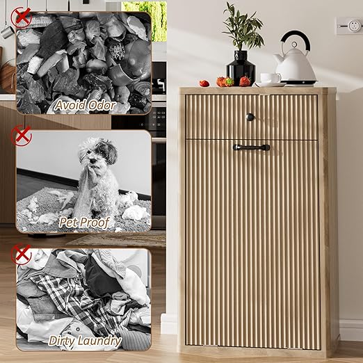 Spurgehom 13 Gallons Tilt Out Trash Can Cabinet Freestanding Kitchen Trash Can Modern Hidden Garbage Recycling Cabinets with Hideaway Drawer Pet Proof Trash Can Holder for Kitchen, Natural