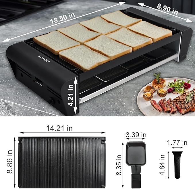 TAMARIT Raclette Table Grill for 8, 2 in 1 Small Swiss Style PFAS-No Nonstick Reversible Grill/Griddle Plate Adjustable Temperature Control 1300 W, 8 Raclette Cheese Pans Black