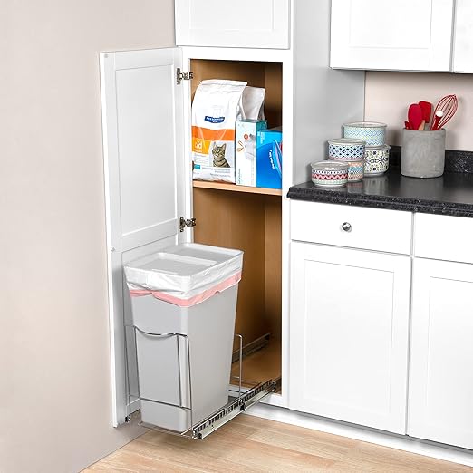 Pull-Out Trash Can for Cabinet - 12 Gal / 48 qt – Heavy-Duty Chrome, Smooth Slide with Trash Bag Storage – Fits 13" Cabinet Opening (Bin Not Included)