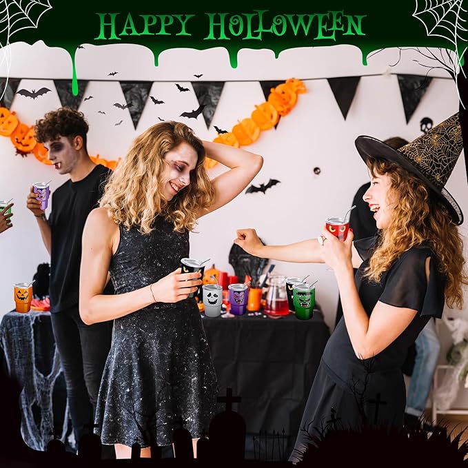 6 Pack 3 oz Halloween Shot Glasses Mini Tumblers with Straw and Lid,Pumpkin Ghost Vampire Devil Halloween Party Spooky Shot Cups Stainless Steel Vacuum Insulated Mini Cups for Cocktail Party