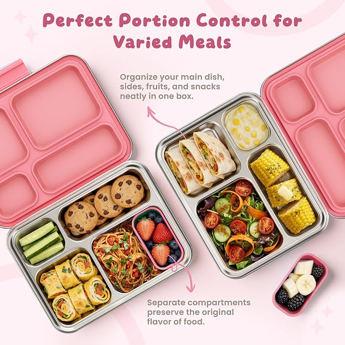 Stainless Steel Bento Box, 4-Compartment Metal Lunch Box with Removable Silicone, Lunch Container for Kids & Adults with Silicone Inner Container, School, Office, Dishwasher Safe(Pink)