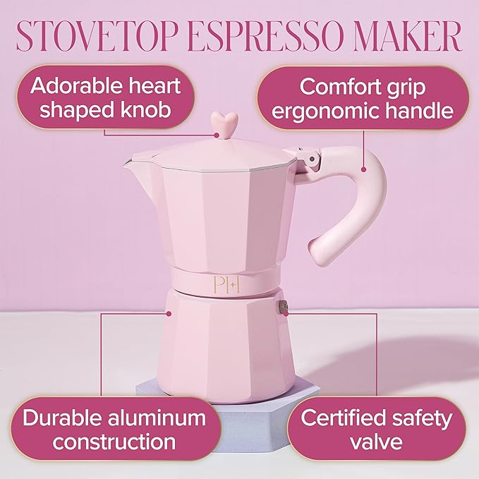 Paris Hilton Stovetop Espresso and Coffee Maker, Italian & Cuban Style Coffee Pot with Iconic Heart Knob, Perfect for Rich Aromatic Espresso, Makes up to 6 Espresso Cups, Pink