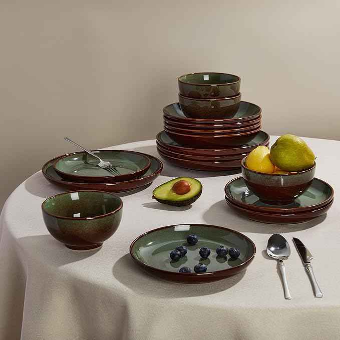 24 Piece Double Bowl Dinnerware Sets with Pasta Bowls, Highly Chip and Crack Resistant Plates and Bowls Sets, Natural Earthyware Ceramic Dishware Sets, Service for 6 Brown Green