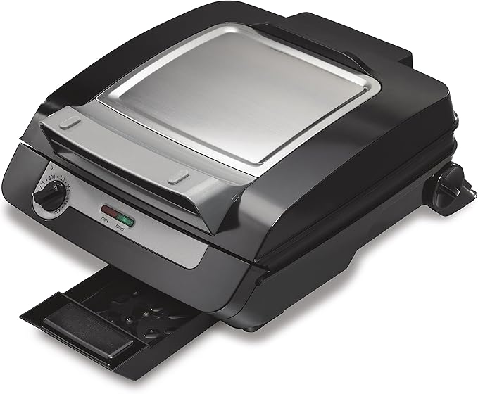 Hamilton Beach 4-in-1 Indoor Grill & Electric Griddle Combo with Bacon Cooker, Opens Flat to Double Cooking Surface, Removable Nonstick Plates, Black & Silver (25601)